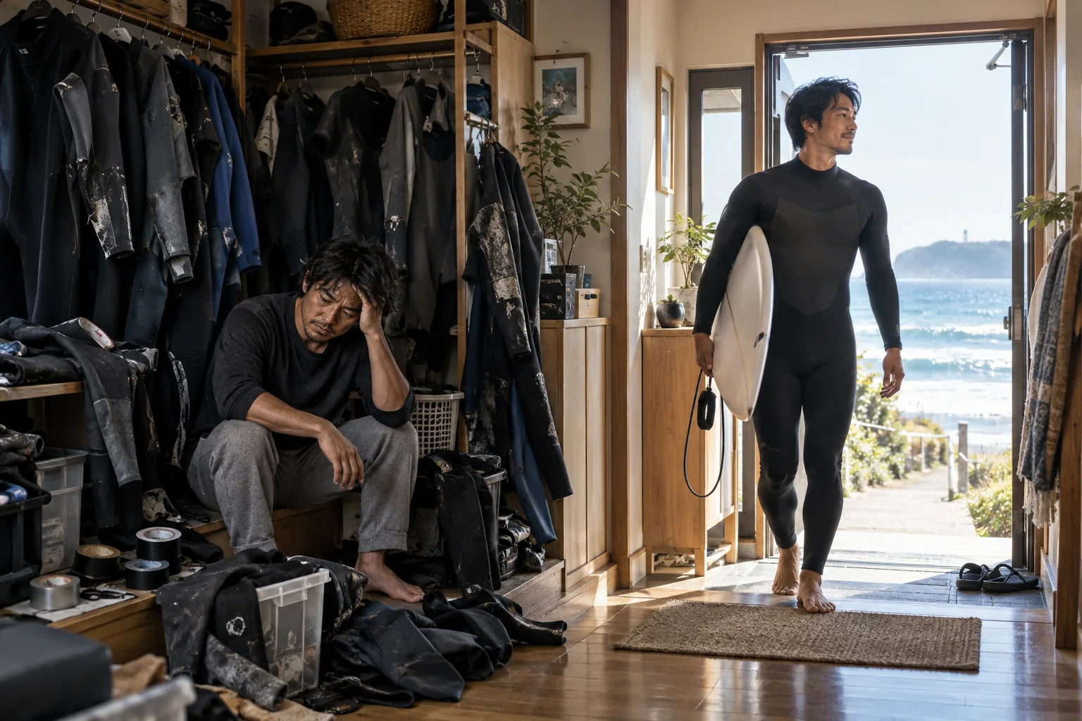 多数のウェットスーツを所有する負担と一着で海へ向かう身軽さの比較