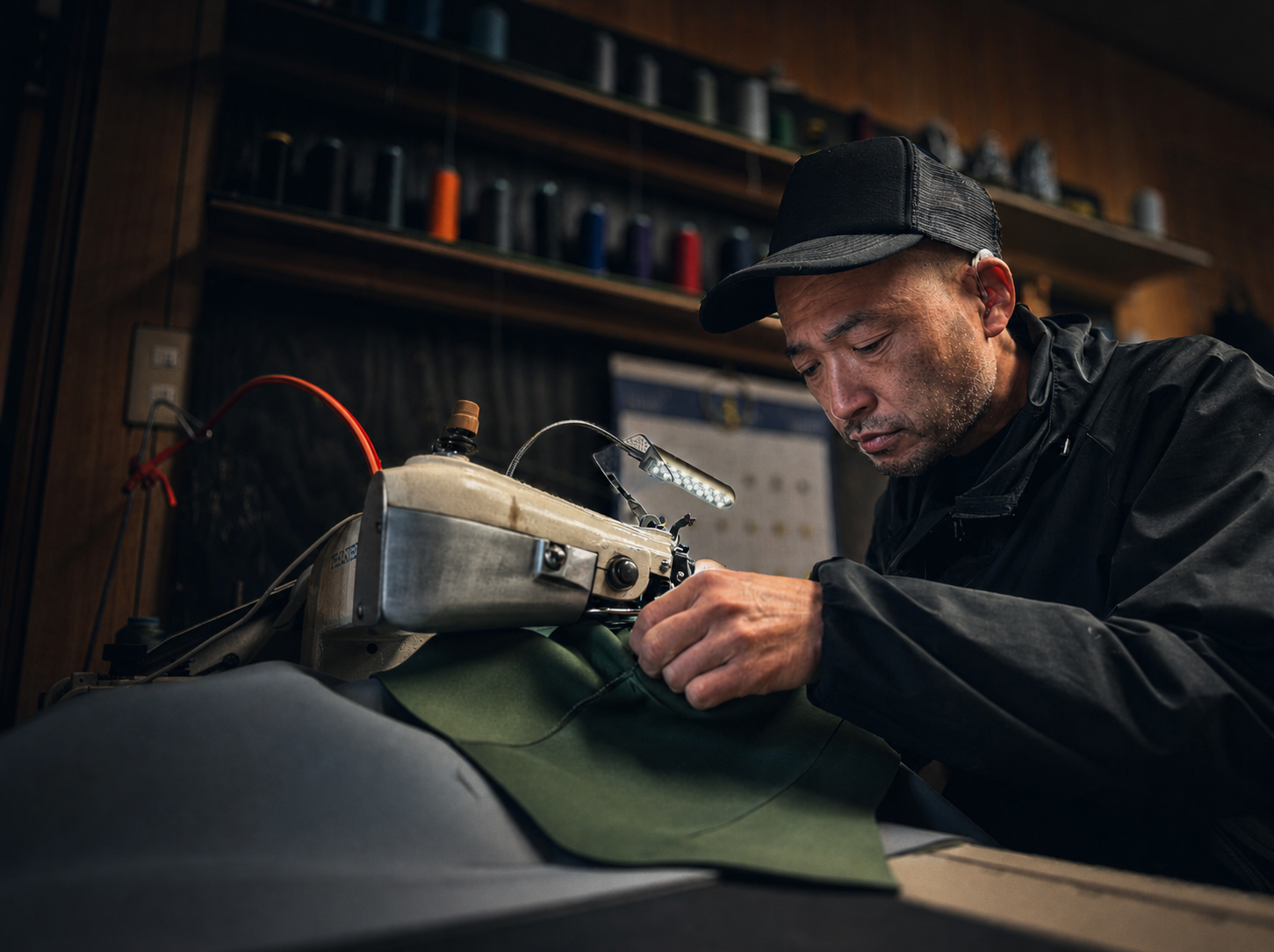 工場でウェットスーツを縫製する職人
